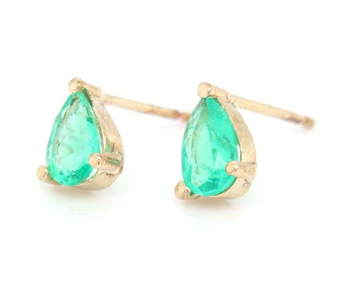 One pair of 14kt yellow gold pear shaped emerald stud earrings