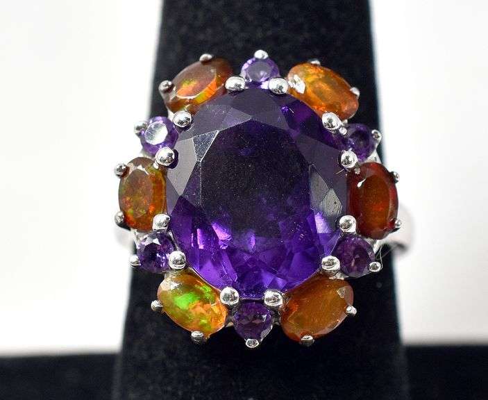 Amethyst and Opal Gemstone Ring in Sterling Silver 6.3grams Size 7 3/4