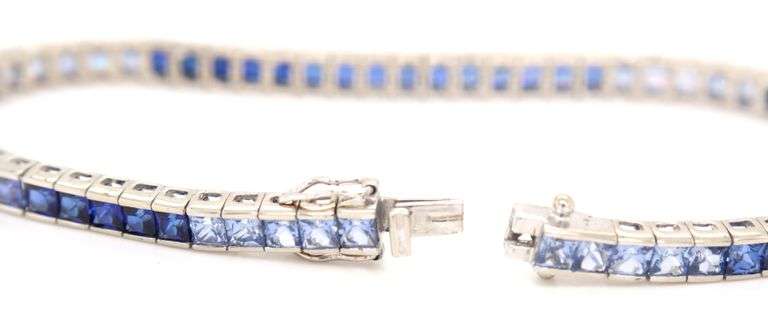 10kt White gold princess cut synthetic sapphire channel set bracelet