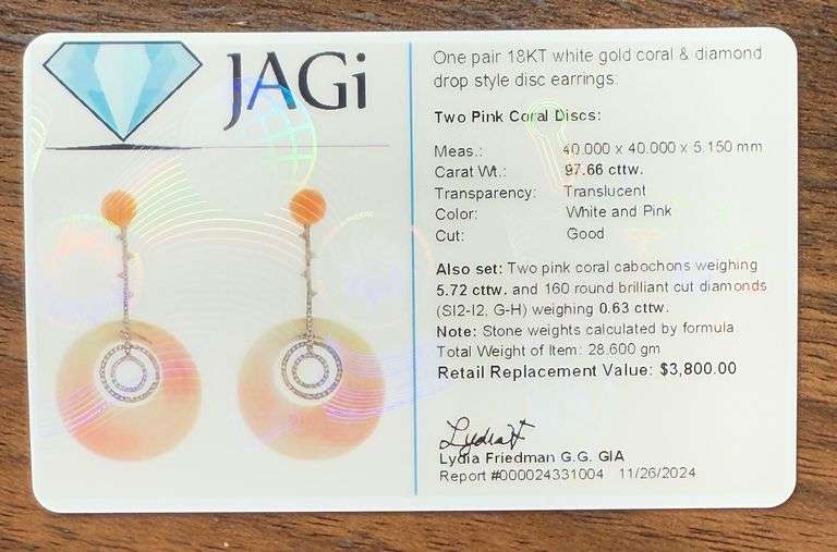 Hand made Italian 18kt white gold coral and diamond drop style earrings