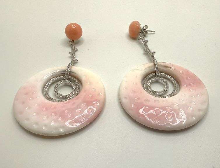 Hand made Italian 18kt white gold coral and diamond drop style earrings