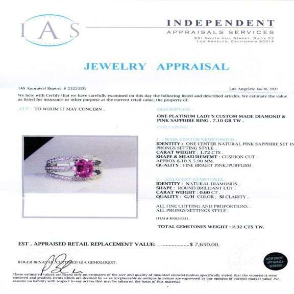 PLATINUM PINK SAPPHIRE AND RING 2.32 C.T.W.