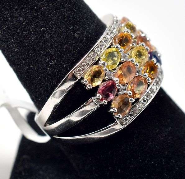 Multi Sapphire Ring with Accent Stones in Sterling Silver 6.8grams Size 8 3/4