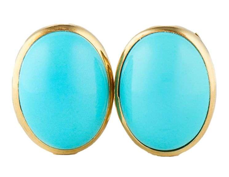 Oval Turquoise Bezel Set Omega Back Earrings in 18K