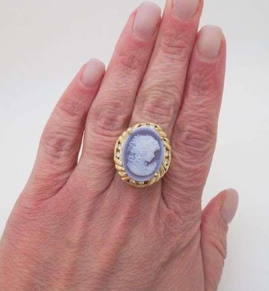 Carved Blue Agate Cameo & Diamond Ring Crafted in 14k Yellow Gold