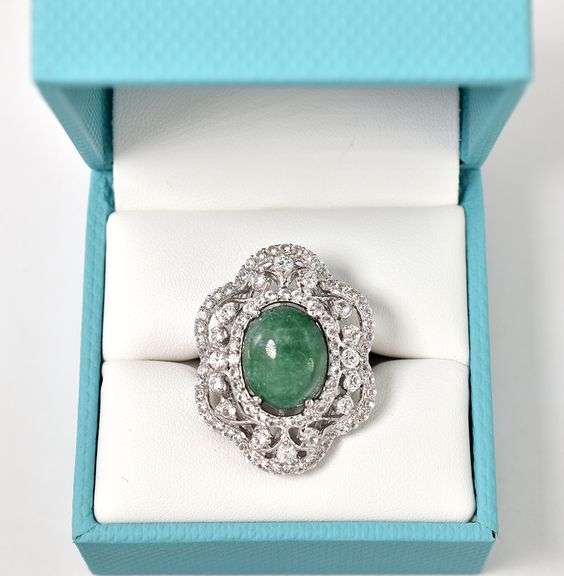 Stunning 7.75CTS Oval Cabochon-Cut Natural Emerald & 2.35CTW White Sapphire Gemstone Ring in Sterlin