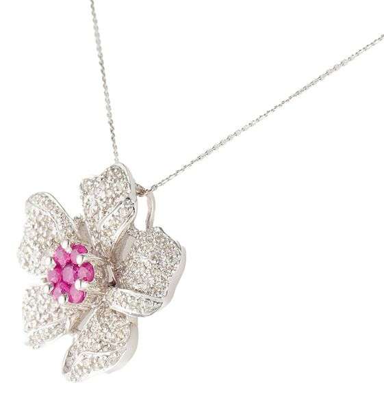 0.55ctw Pave Diamond and 0.32ctw Pink Sapphire Flower Pendant Necklace in 14K