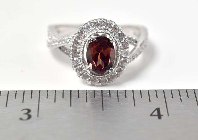 Gorgeous Red Gem Ring with Clear Accent Stones in Sterling Silver 4.8grams Size 8 3/4