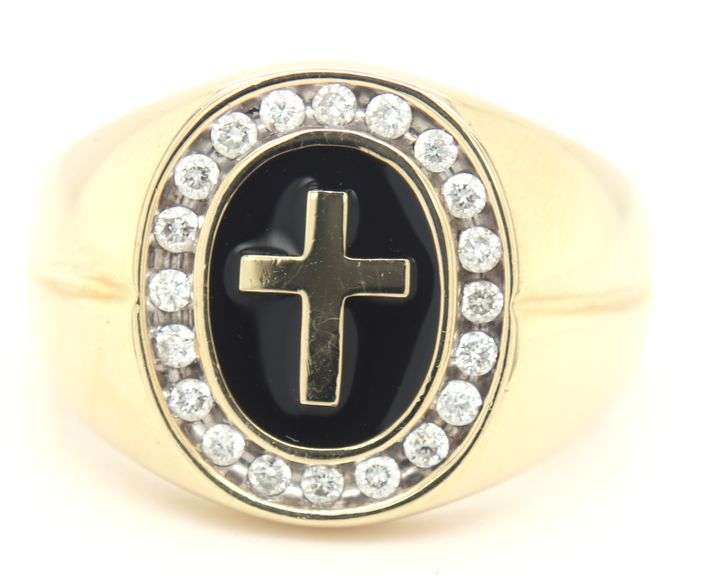 14kt Yellow Gold oval Shaped Black Enamel Cross Diamond Halo Ring. Total weight of Ring 9.10 Grams. 