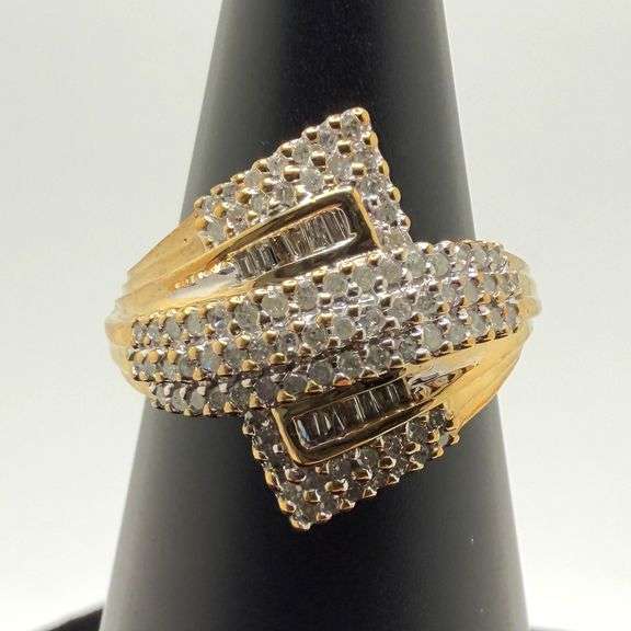 10kt Yellow Gold Baguette and Round Brilliant Cut Diamond Bypass Ring