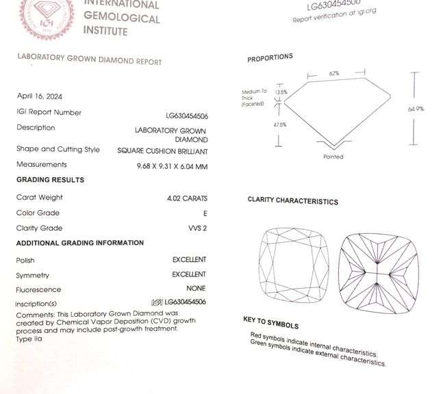 Platinum 4.02ctw square cushion cut lab grown diamond engagement ring