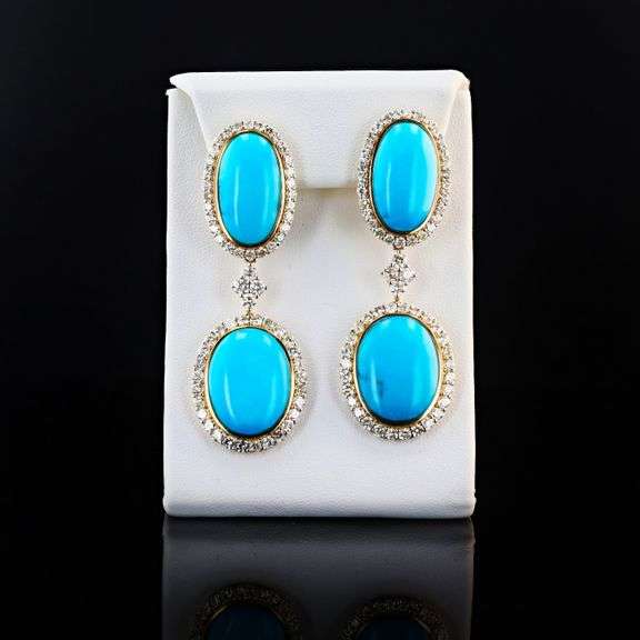 14K YELLOW GOLD TURQUOISE AND DIAMOND EARRINGS 52.10 C.T.W.