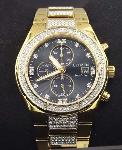 Citizen Eco-Drive gole tone Chronograph quartz black dial crystal accent watch