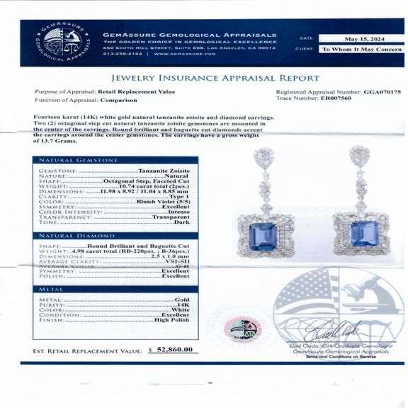 14K WHITE GOLD TANZANITE AND DIAMOND DANGLE EARRINGS 15.72 C.T.W.