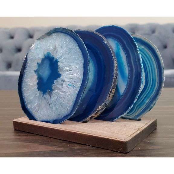 Natural Teal Agate Coasters with Wooden Holder