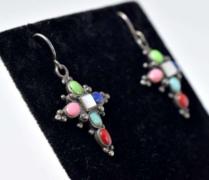 Multi-Gemstone Cross Earrings in Sterling Silver