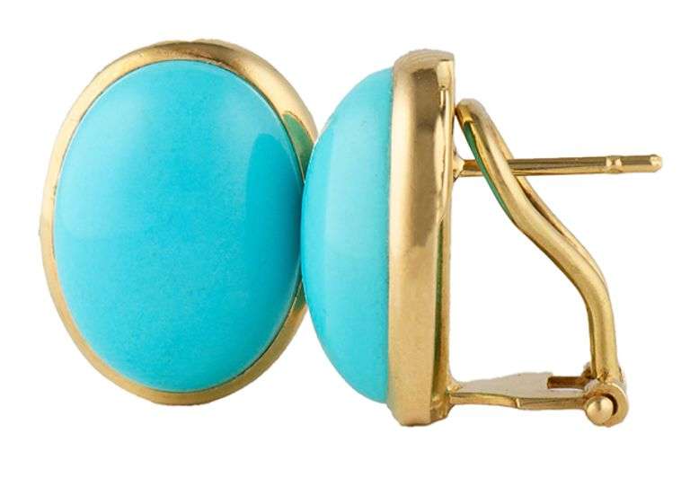 Oval Turquoise Bezel Set Omega Back Earrings in 18K