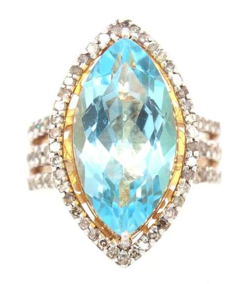 Enamoring Massive 12.84CTS Marquise Trillion Cut Blue Topaz & Diamond Ring in 14K Yellow Gold over 9