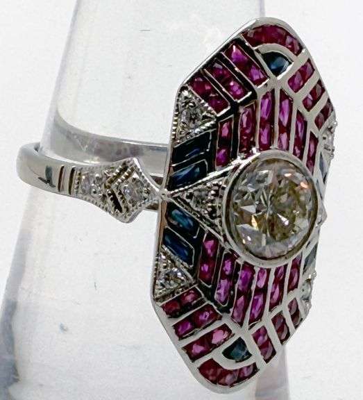 Hand made Italian platinum diamond and natural ruby and sapphire geometric design fashion ring