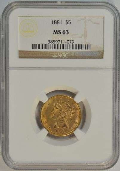 Choice BU 1881 US $5 Liberty Gold Piece. NGC MS63