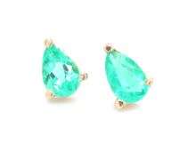 One pair of 14kt yellow gold pear shaped emerald stud earrings