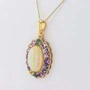 14K YELLOW GOLD MULTI-COLOR OPAL, MULTI-COLOR SAPPHIRE AND DIAMOND PENDANT 11.24 C.T.W.
