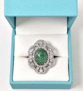 Stunning 7.75CTS Oval Cabochon-Cut Natural Emerald & 2.35CTW White Sapphire Gemstone Ring in Sterlin