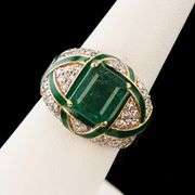18K YELLOW GOLD EMERALD AND DIAMOND RING WITH GREEN ENAMEL INLAYS 4.42 C.T.W.
