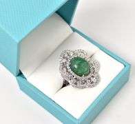 Stunning 7.75CTS Oval Cabochon-Cut Natural Emerald & 2.35CTW White Sapphire Gemstone Ring in Sterlin