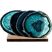 Natural Teal Agate Coasters with Wooden Holder