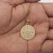 Mayan Sun Calendar Pendant Necklace 14K Gold