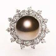 14K WHITE GOLD TAHITIAN SOUTH SEA PEARL AND DIAMOND RING 12.9MM