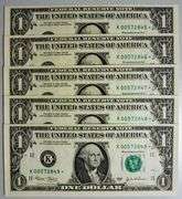 (5) Superb Crisp 2003 $1 Dollar Star Notes Dallas Consecutive Low Serial Numbers!