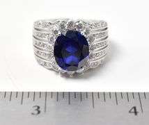 Sparkling Blue Gem Ring with Clear Accents in Sterling Silver 10.3grams Size 9