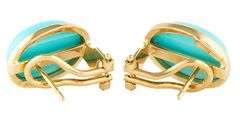 Oval Turquoise Bezel Set Omega Back Earrings in 18K