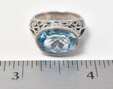 Oval Cut Light Blue Gem Ring With Detailed Housing in Sterling Silver 7grams Size 6.5