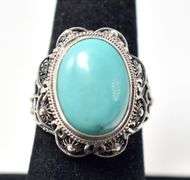 Beautiful Blue-Green Stone Ring with Floral detailing in Sterling Silver 8.2grams Size 6 3/4