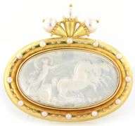 Elizabeth Locke Cultured Pearl and Mother of Pearl Intaglio Brooch in 18K