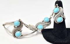 Feather Cuff and Ring Joint Set with Blue Stones in Sterling Silver 25.7grams Ring Size 7.5