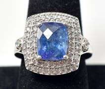 Beautiful Square Cut Blue gem Ring with Clear Accents in Sterling Silver 8.1grams Size 9
