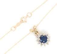 14kt Yellow gold round sapphire and diamond halo pendant on chain