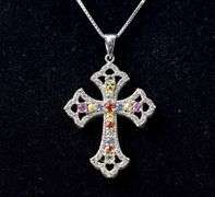 Multi Colored Gemstone Cross Necklace in Sterling Silver 7.3grams 18inch