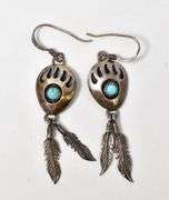 Bear Paw and Feathers Earrings with Turquoise in Sterling Silver 4.3grams