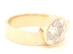 14kt Yellow gold oval and round Moissanite bezel set wide ring