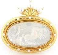 Elizabeth Locke Cultured Pearl and Mother of Pearl Intaglio Brooch in 18K