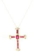 14kt Yellow gold oval and square Ruby and diamond cross pendant on chain