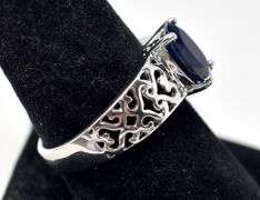 Gorgeous Blue Stone Ring with Heart Detailing on Band in Sterling Silver 4.2grams Size 8.5
