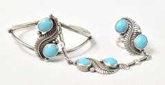 Feather Cuff and Ring Joint Set with Blue Stones in Sterling Silver 25.7grams Ring Size 7.5