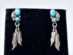Turquoise Gemstone and Feather Earrings in Sterling Silver