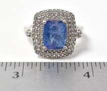 Beautiful Square Cut Blue gem Ring with Clear Accents in Sterling Silver 8.1grams Size 9
